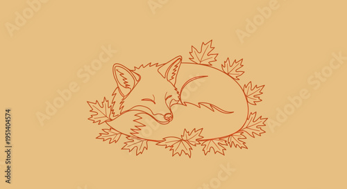 Sleeping Fox Curled Up Among Autumn Leaves - Minimalist Line Art