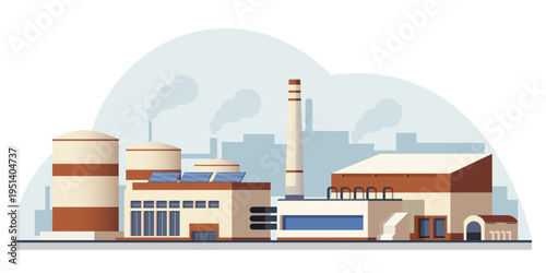 Factory buildings with smokestacks in flat style on light backdrop, concept of industry and production. Vector illustration