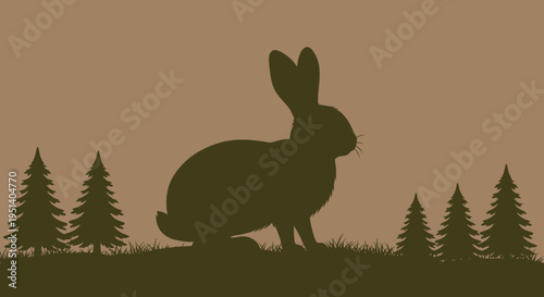 Silhouette of a rabbit in a pine forest at dusk