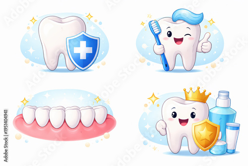 Healthy tooth with shield, happy tooth holding toothbrush, clean teeth on gums, tooth with crown and dental care products, dental hygiene concept