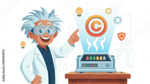 Mad scientist character presenting a copyright symbol hologram from a futuristic machine concept of intellectual property and innovation flat vector illustration