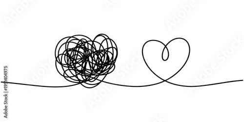 Valentine's Day Heart Doodle Single Continuous Thin Line Drawing Border, Chaotically tangled line and tangled heart. Psychotherapy for couple concept of solving problems is easy. Unravels chaos