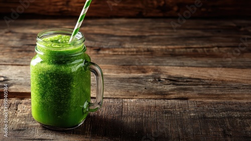 Fresh green smoothie in mason jar mug, healthy spinach drink with straw, rustic wooden table breakfast beverage 