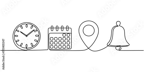 Clock, calendar, location marker, bell icon line continuous drawing vector. One line Web icons for notifications icon vector background. Work, time, geolocation sign icon. Continuous outline of a Busi