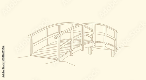 Arched Wooden Garden Bridge Drawing - Serene Outdoor Pathway Crossing