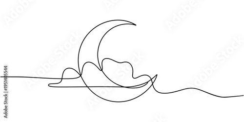 Clouded Moon icon line continuous drawing vector. One line clouds with star icon vector background. Clouds icon. Continuous outline of a star with moon icon.