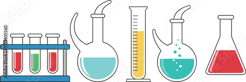 Vector illustration set of colorful chemistry laboratory equipment featuring test tubes in a rack flasks and graduated cylinders