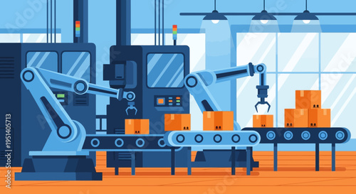 Industrial robotic arms operating on a conveyor belt in a warehouse with blue and orange tones.