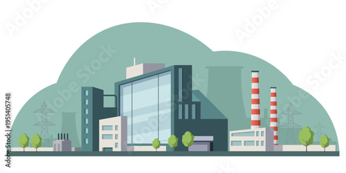 Factory buildings in flat style on a muted sky background showing industrial production concept. Vector illustration