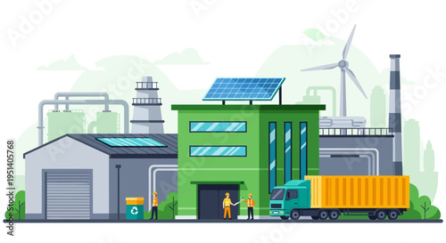 Illustration of an industrial facility with solar panels and wind turbines in a clean, modern design.