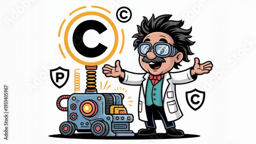 Cartoon scientist with a C symbol machine representing programming and coding concepts perfect for technology and education