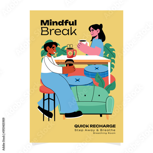 Mindful Break Poster with Two People and Coffee Flat Cartoon Style