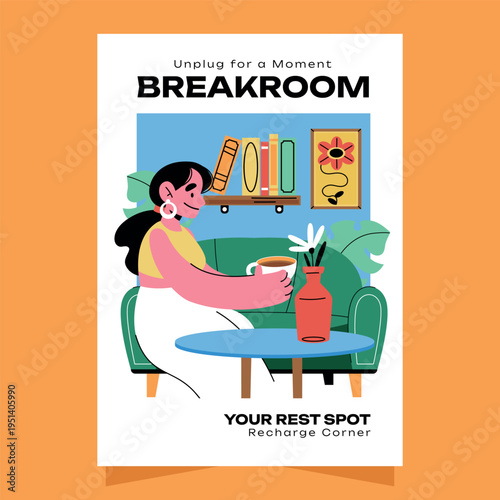 Unplug for a Moment Breakroom Rest Spot Poster Flat Cartoon Style