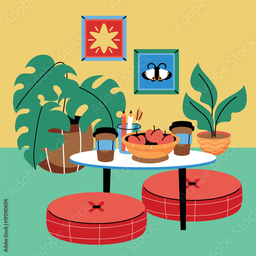 Table with Apples and Coffee in Lounge Background Flat Cartoon Style