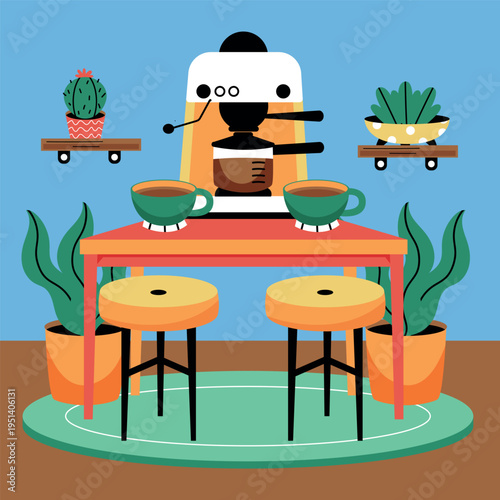 Coffee Machine and Table Background Scene Flat Cartoon Style