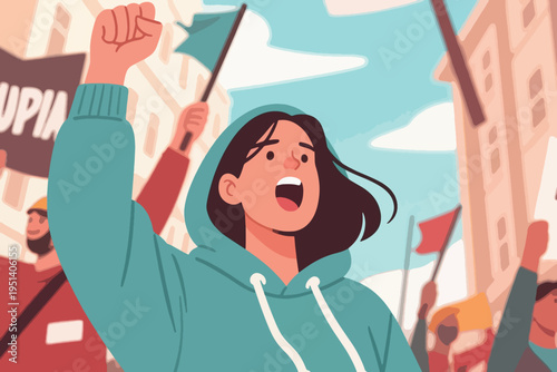 Illustration Of A Woman Taking Part In A Demonstration And Interested In Joining Other Demonstrators Vector Design Template