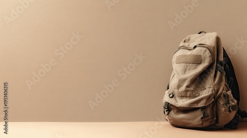 Minimalist beige backpack on floor, neutral canvas travel bag with pockets and straps, everyday carry luggage concept isolated PNG with Transparent Background