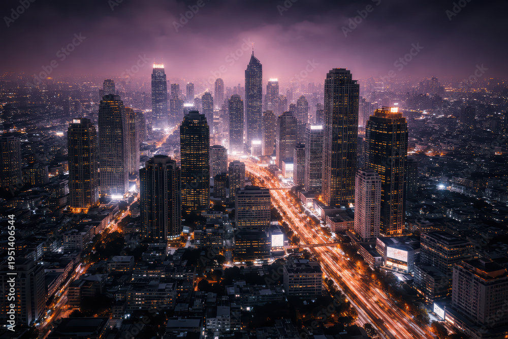 Obraz premium Aerial view of vibrant city skyline night, showcasing tall skyscrapers illuminated by city lights. urban landscape features busy streets and bustling atmosphere, creating sense of energy