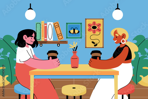Two Women Sitting at Table with Coffee Composition Flat Cartoon Style