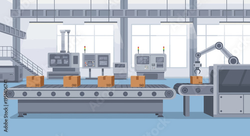 Industrial factory interior with conveyor belt and robotic arm processing orange boxes