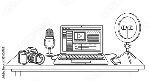 Professional Live Streaming and Podcasting Setup with Laptop, Microphone, DSLR Camera, and Ring Light on Isolated White Background