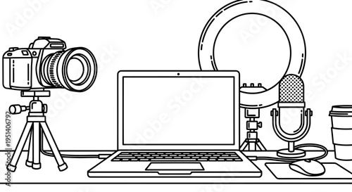 Professional Content Creation Studio Setup with Laptop, Camera, Ring Light, Microphone, and Headphones, isolated white background.