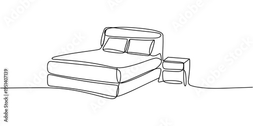 Continuous one line drawing of double bed and table and loft chandelier lamps.one line vector illustration with out background