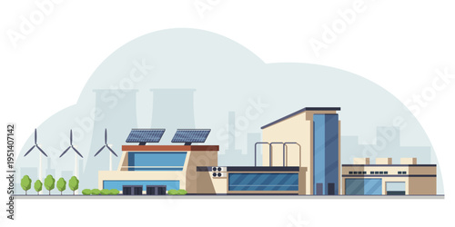 Eco factory with turbines and solar panels in flat style on cityscape for sustainable energy concept. Vector illustration