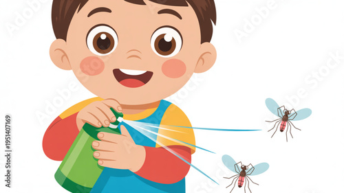 Happy boy spraying insect repellent to ward off mosquitoes cartoon illustration for pest control and summer protection concepts