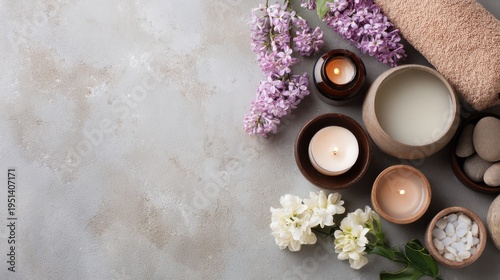 Spa still life with candles, massage towel and hot stones, lavender aromatherapy setup in soft neutral tones isolated PNG with Transparent Background
