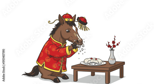 Cartoon Horse Eating Noodles in Outfit.