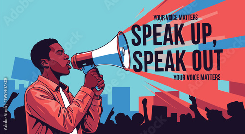 Man Using Megaphone to Protest in City.