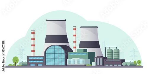 Industrial factory with cooling towers in flat style on light background showing energy concept. Vector illustration