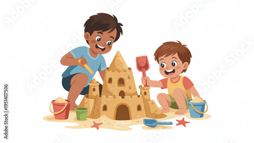 Two happy boys building a sandcastle together on the beach creative summer vacation illustration for childrens activities and fun