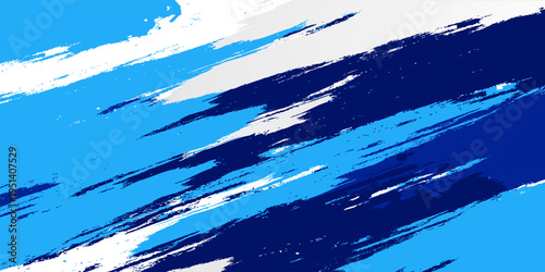 Abstract blue brush stroke background with bold, dynamic paint streaks in varying shades of blue and white