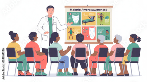 Doctor presenting malaria awareness information to a diverse group of people educational illustration for health and medical campaigns community health education concept