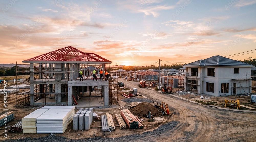 Fototapeta premium New residential housing construction site with multiple homes being built in a suburban development at golden hour during sunset showing progress from frames to near completion.