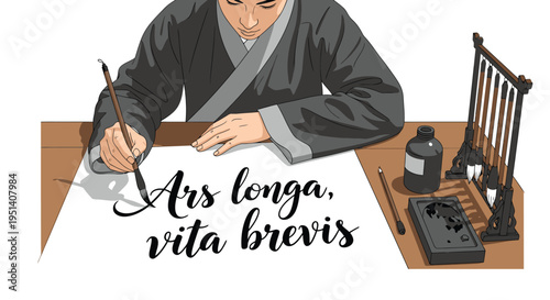 Man Writing with Quill on Paper.