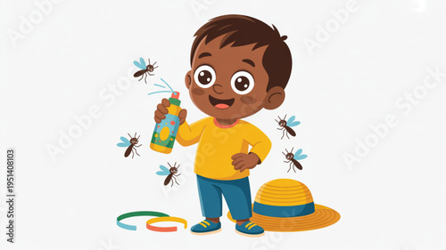 Young boy spraying mosquito repellent to protect himself from insects cartoon illustration for summer and travel safety