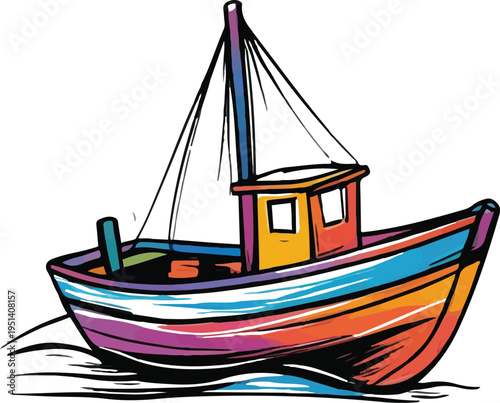 Colorful bold line art sticker of a small boat with wavy unstable lines, rough sketch style, minimal detail, white background