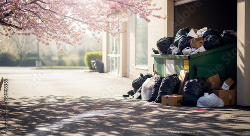 Overflowing dumpster with trash bags behind store in urban setting  