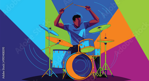 Vibrant Drummer Playing Dynamic Drum Set.