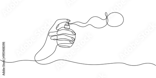 Sophisticated continuous one line drawing of a hand holding a perfume bottle with a scent mist. Minimalist luxury fragrance vector for beauty brands.