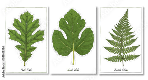 Three Green Leaves: Oak, Fig, and Fern - Botanical Study