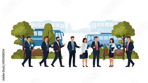 Professional team discussion and collaboration during an outdoor park business meeting, people sharing ideas in a modern vector illustration scene.