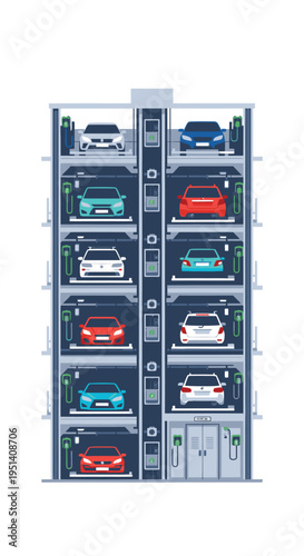 Multilevel Parking Garage with Colored Cars.