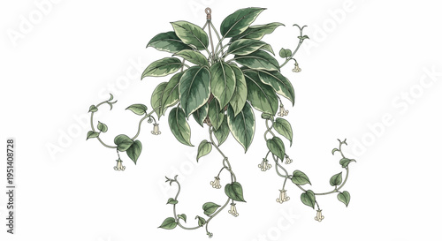Hoya Carnosa Plant Hanging, Variegated Leaves, White Background, Green Foliage