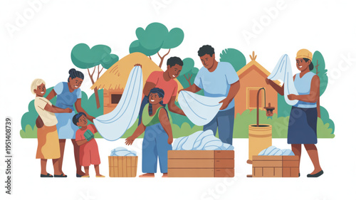 African family working together folding laundry outdoors near traditional huts concept of community and shared chores illustration on white background