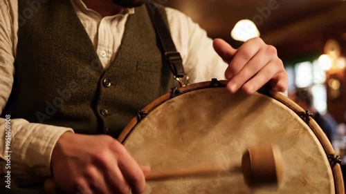 Musician Hands Playing an Irish Bodhran Drum with a Tipper