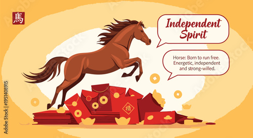 Brown Horse Jumping Over Red Envelopes with Gold Coins.